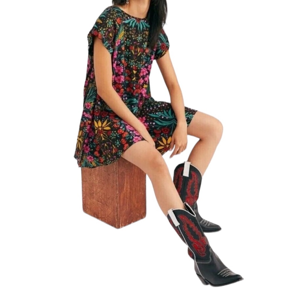 Free People Dress Womens Size XS Strawberry Fields Black Floral Mini - Picture 11 of 11